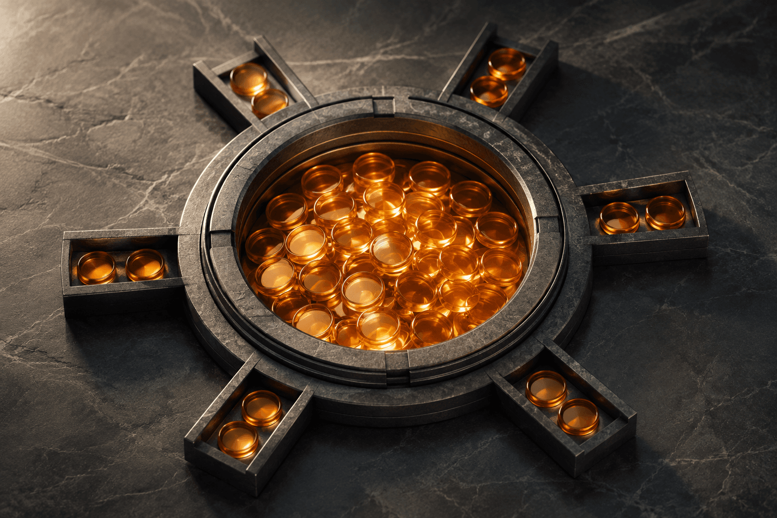 A circular reservoir of amber glass pieces representing finite capacity and allocated shares