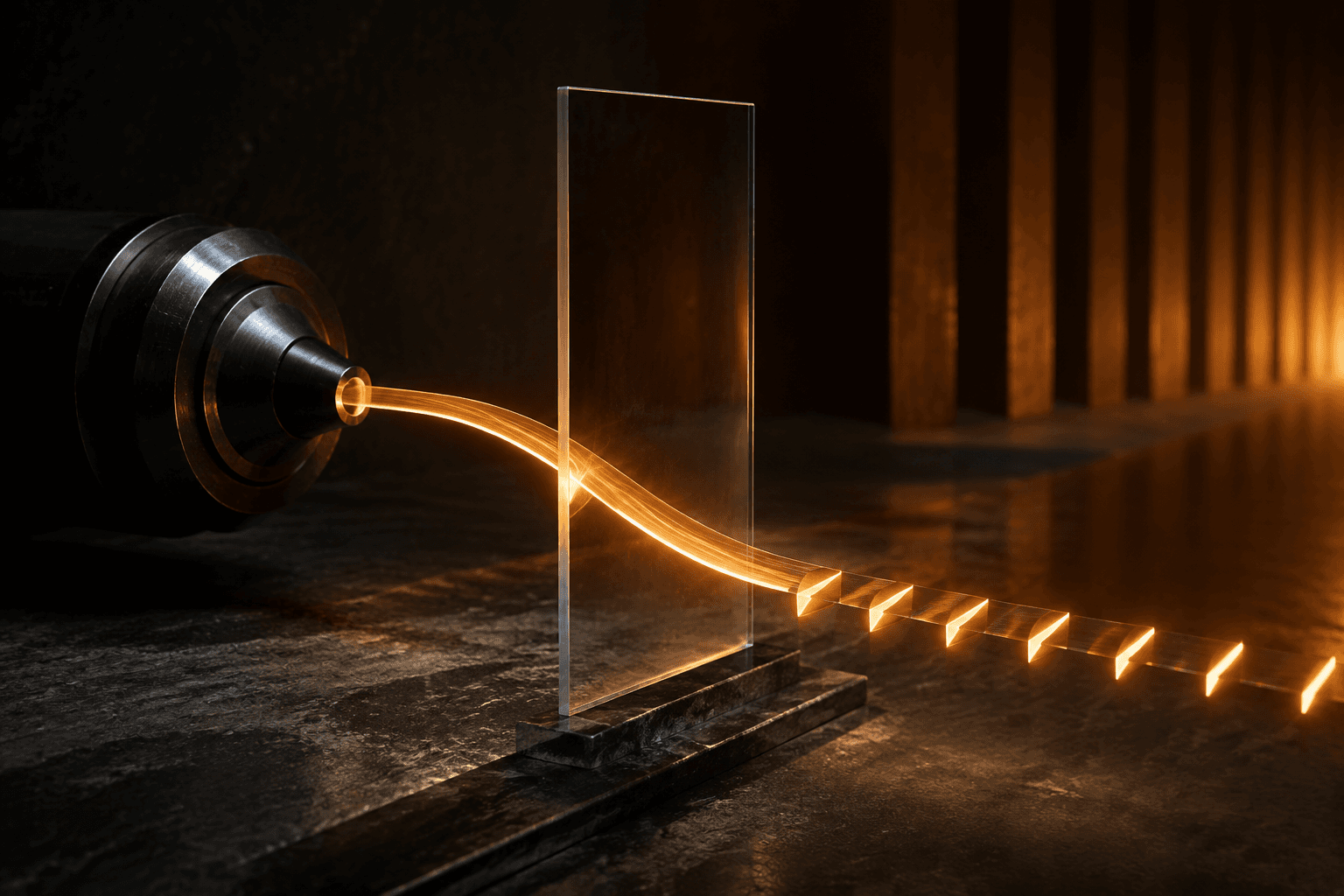 A continuous orange ribbon passing through a glass boundary and becoming separate segments